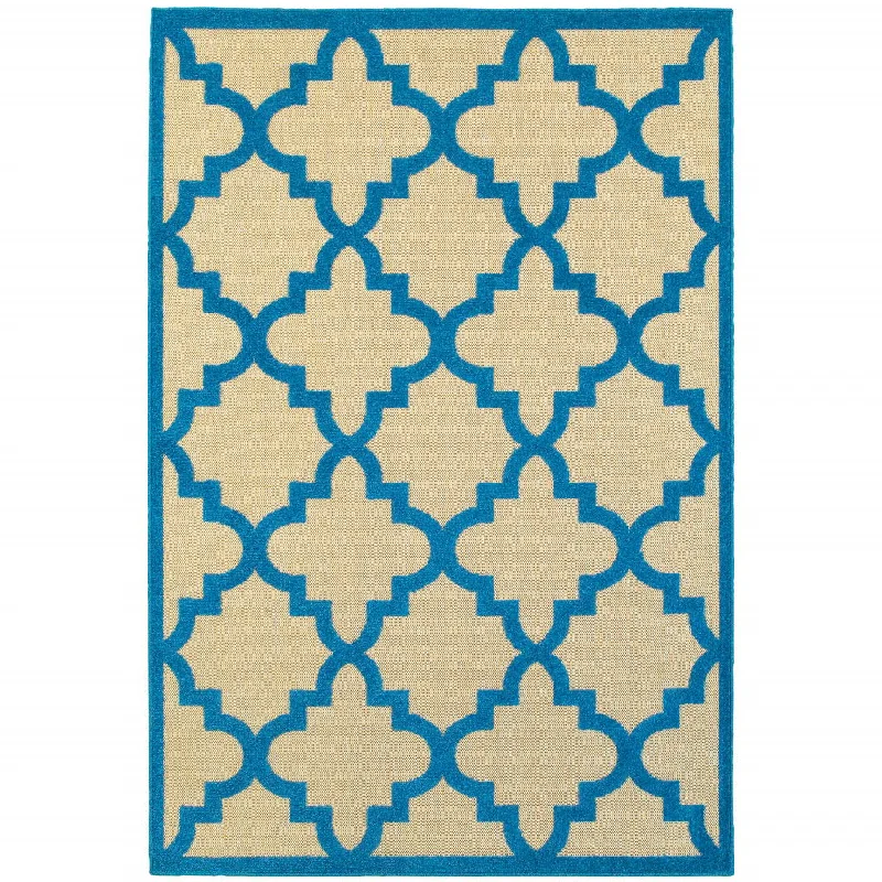 10' X 13' Geometric Stain Resistant Indoor / Outdoor Area Rug - Blue / Beige