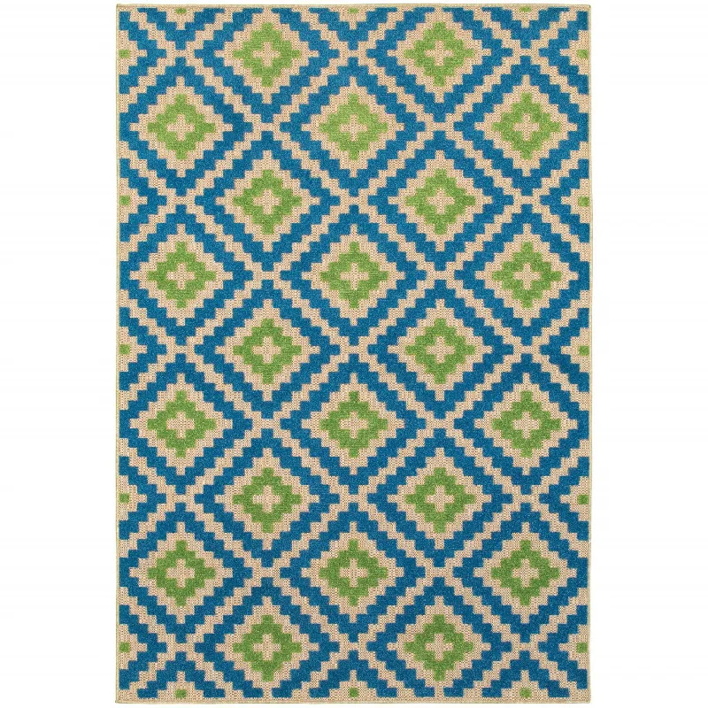 10' X 13' Geometric Stain Resistant Indoor Outdoor Area Rug - Blue / Beige