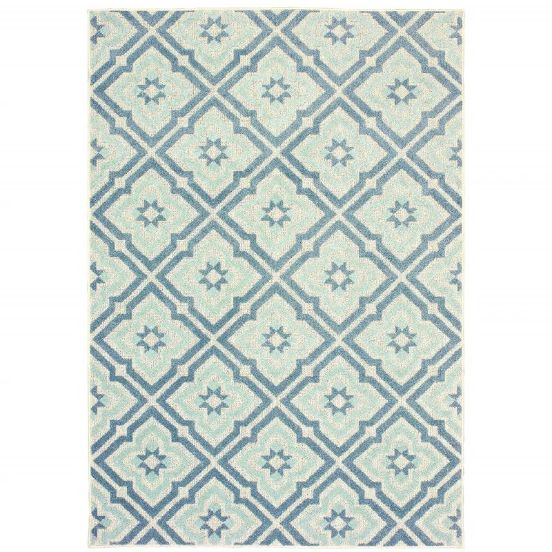 10' X 13' Geometric Stain Resistant Indoor / Outdoor Area Rug - Blue / Ivory