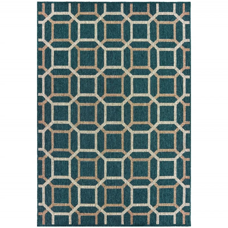 10' X 13' Geometric Stain Resistant Outdoor & Indoor Area Rug - Blue / Gray