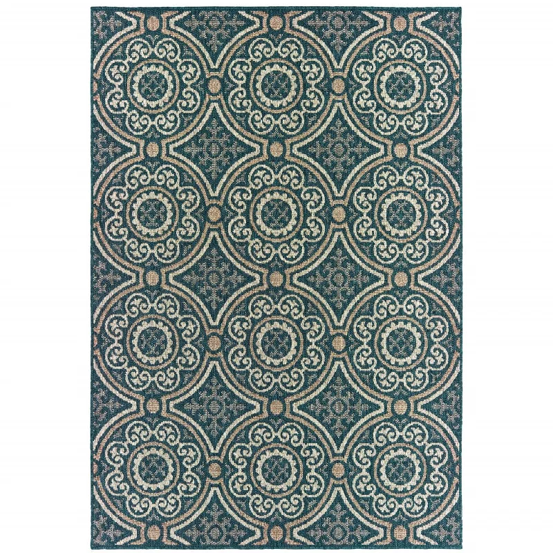 10' X 13' Geometric Stain Resistant Outdoor / Indoor Area Rug - Blue / Gray