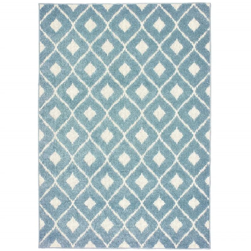 10' X 13' Geometric Stain Resistant Outdoor / Indoor Area Rug - Blue / Ivory