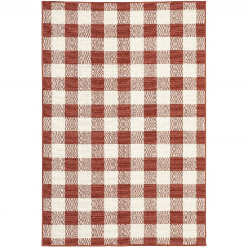 4' X 6' Geometric Stain Resistant Indoor / Outdoor Area Rug - Red / Ivory