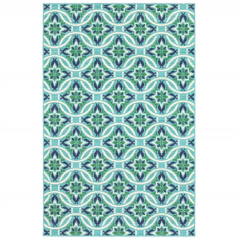 4' X 6' Geometric Stain Resistant Outdoor / Indoor Area Rug - Blue / Green