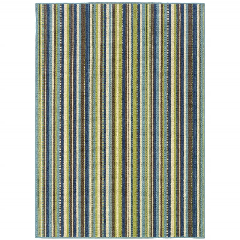 4' X 6' Striped Stain Resistant Indoor / Outdoor Area Rug - Blue / Green