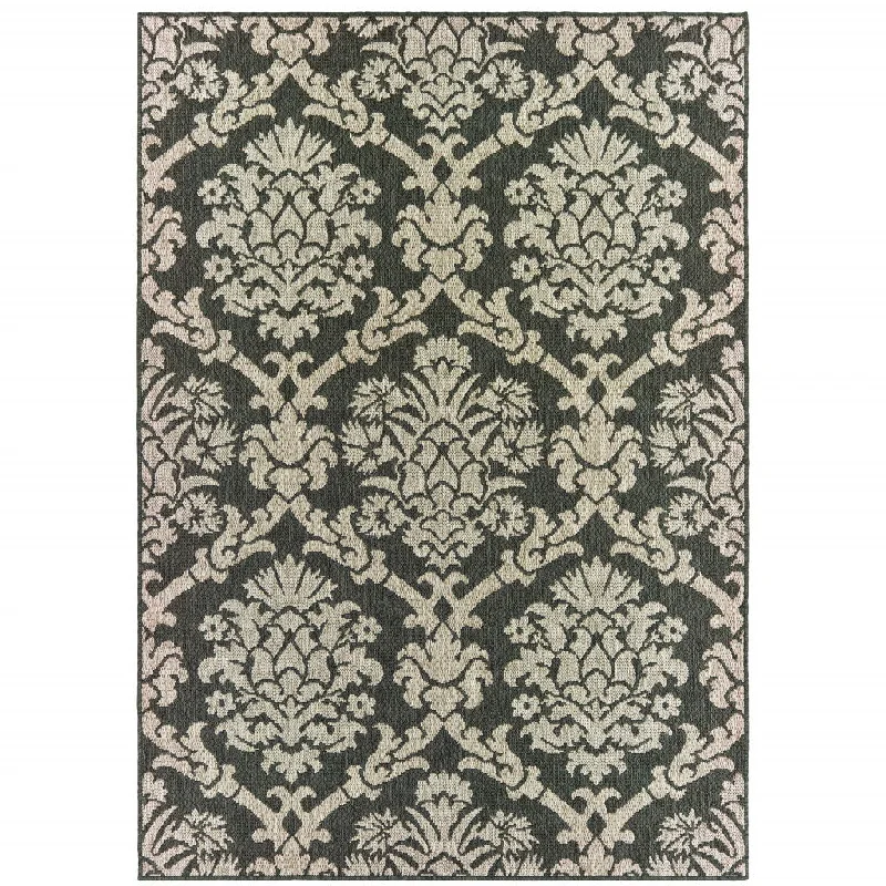 5' X 7' Floral Stain Resistant Indoor / Outdoor Area Rug - Gray