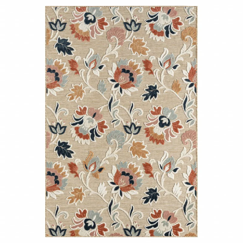 5' X 7' Floral Stain Resistant Outdoor / Indoor Area Rug - Blue / Beige