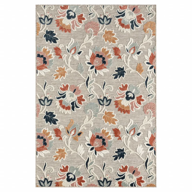 5' X 7' Floral Stain Resistant Outdoor & Indoor Area Rug - Blue / Gray