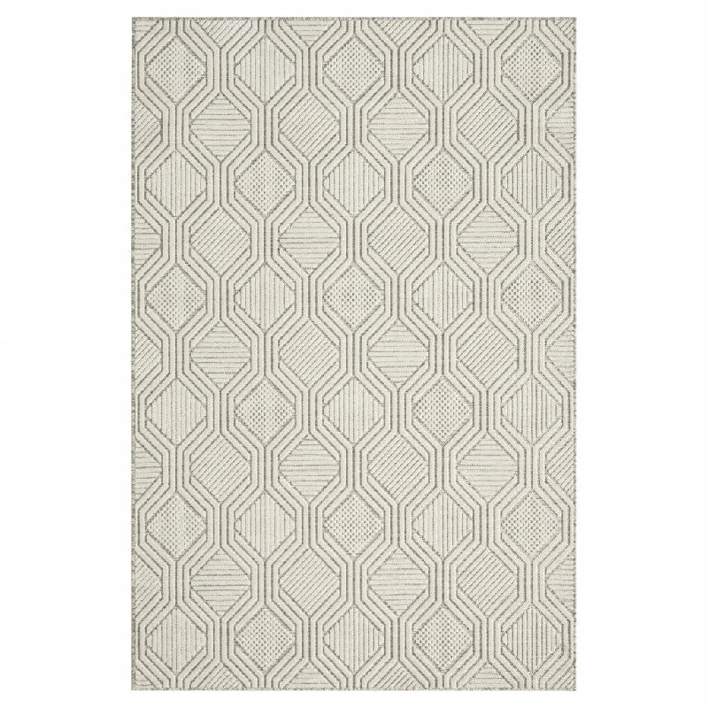 5' X 7' Geometric Stain Resistant Indoor & Outdoor Area Rug - Ivory / Gray