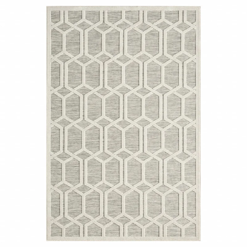 5' X 7' Geometric Stain Resistant Outdoor & Indoor Area Rug - Gray / Ivory