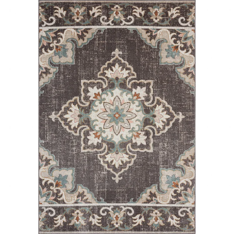 5' X 8' Floral Stain Resistant Indoor & Outdoor Area Rug - Brown