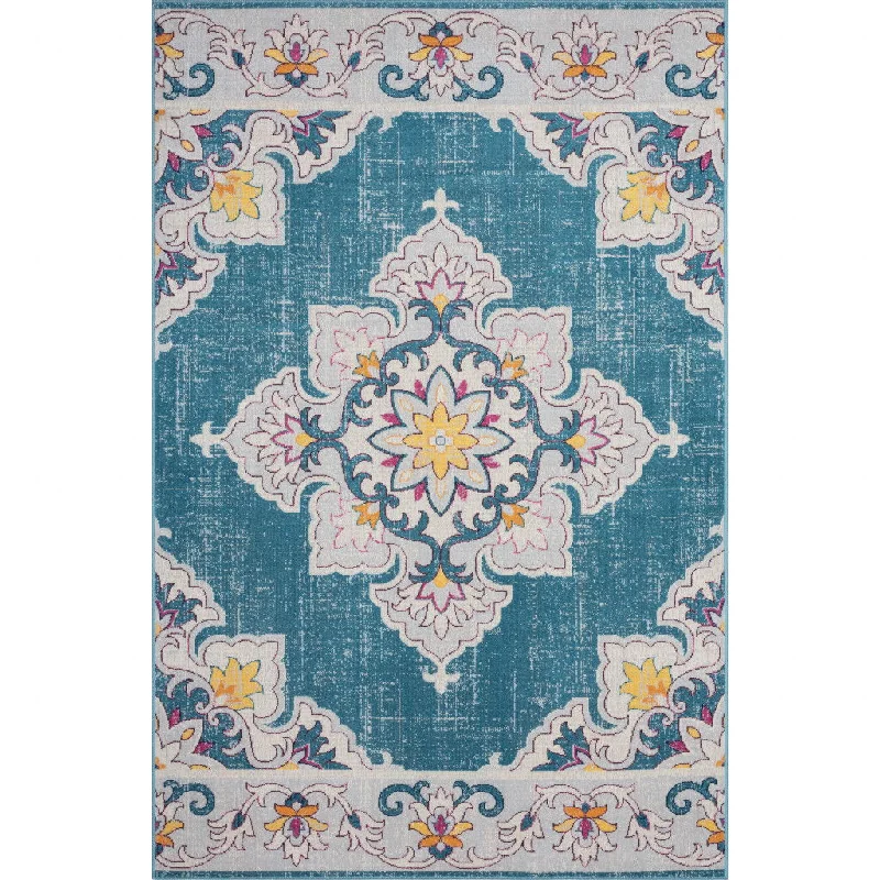 5' X 8' Floral Stain Resistant Indoor & Outdoor Area Rug - Ivory / Blue