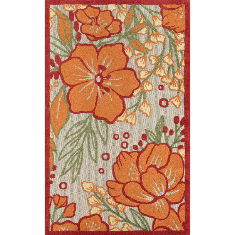 5' X 8' Floral Stain Resistant Indoor / Outdoor Area Rug - Orange / Ivory