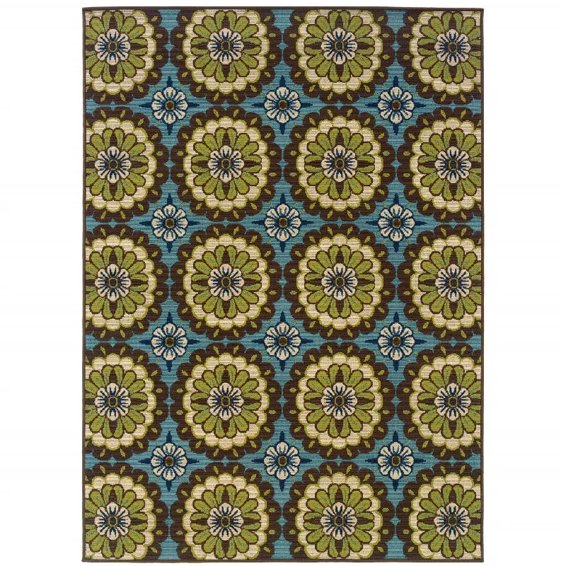 5' X 8' Floral Stain Resistant Outdoor / Indoor Area Rug - Blue / Green