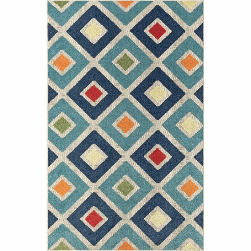 5' X 8' Geometric Stain Resistant Area Rug Indoor & Outdoor - Blue / Ivory