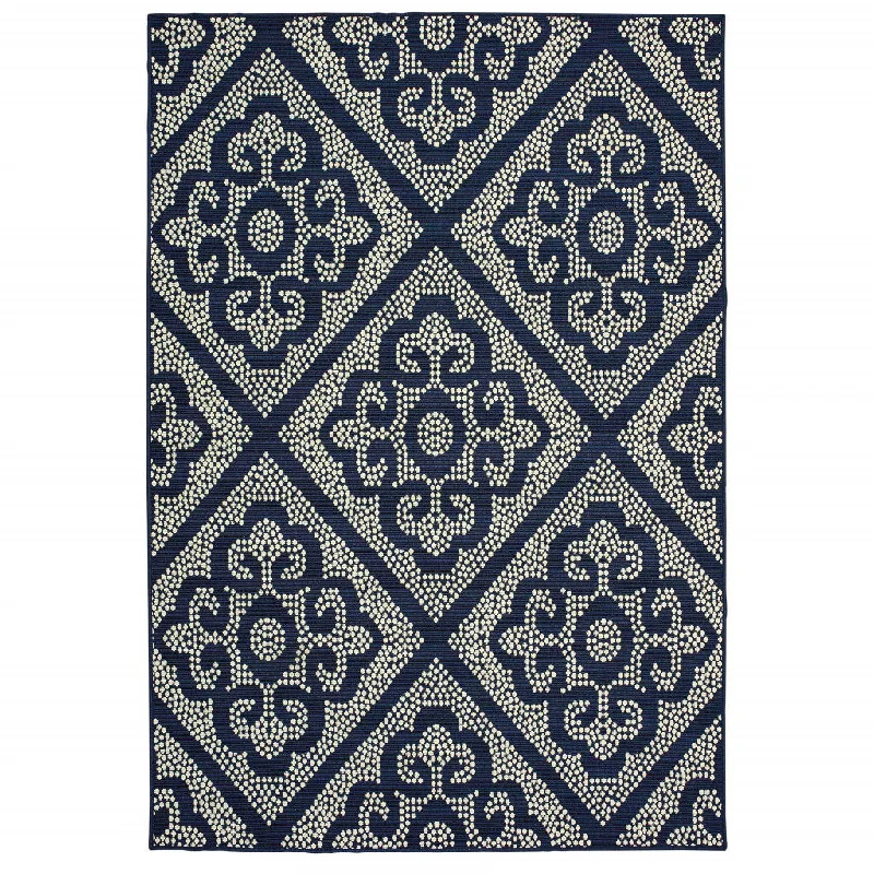 5' X 8' Geometric Stain Resistant Indoor / Outdoor Area Rug - Blue / Ivory