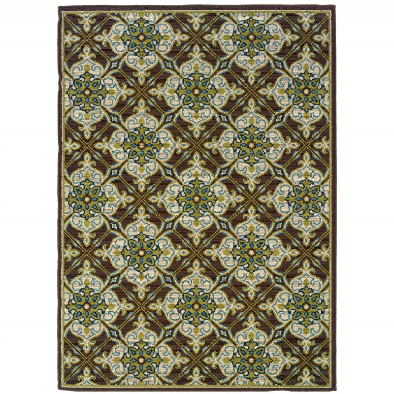 7' X 10' Floral Stain Resistant Indoor / Outdoor Area Rug - Brown / Ivory