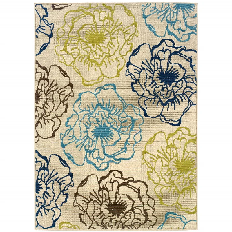 7' X 10' Floral Stain Resistant Indoor / Outdoor Area Rug - Green / Ivory