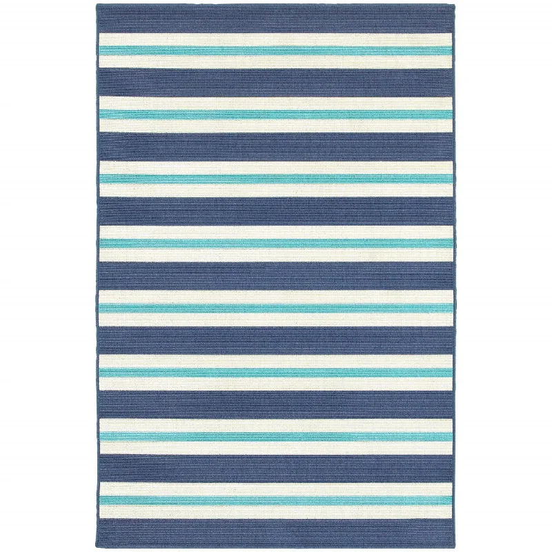 7' X 10' Geometric Stain Resistant Area Rug Indoor & Outdoor - Ivory / Blue