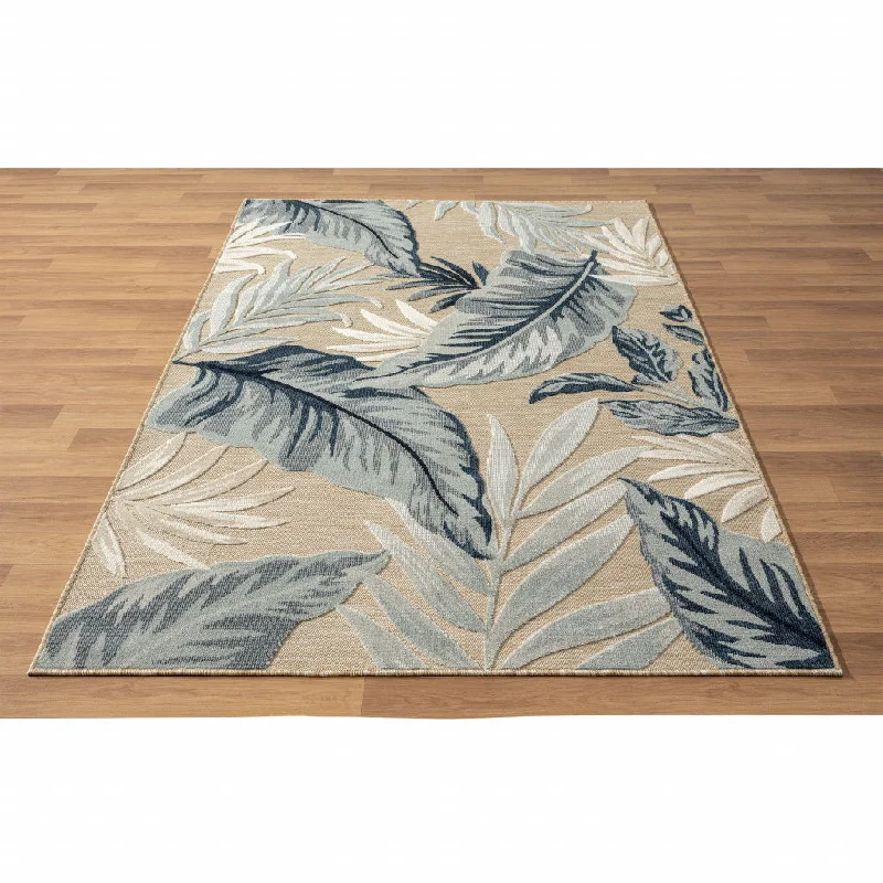 8' X 10' Floral Stain Resistant Indoor / Outdoor Area Rug - Blue / Beige