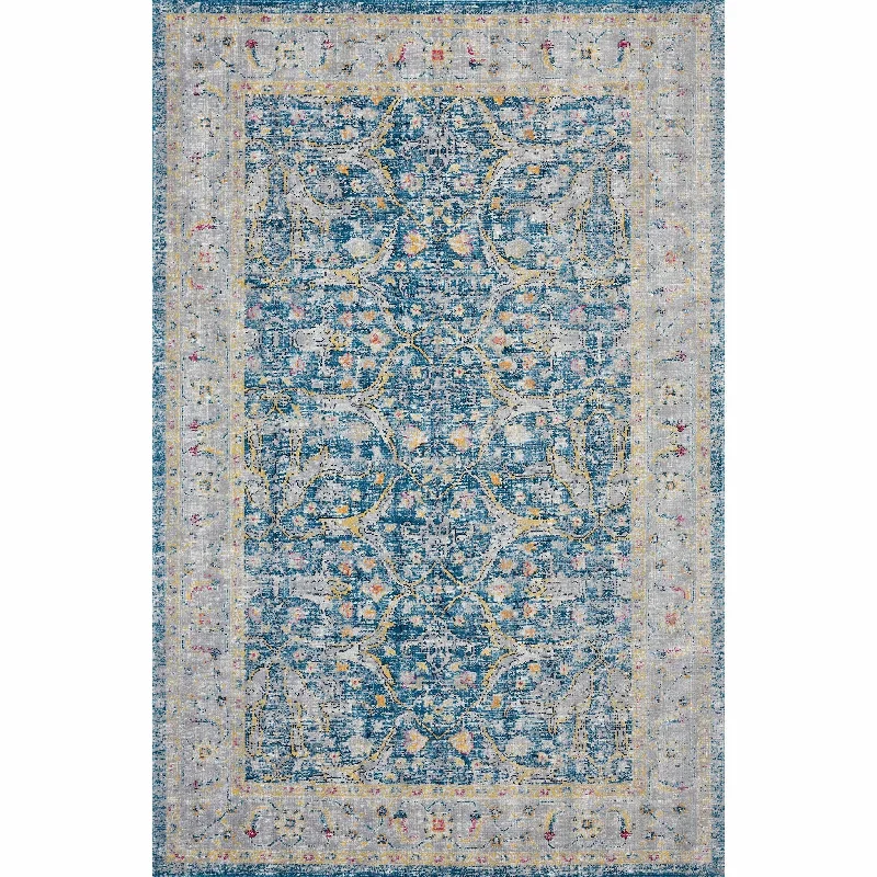 8' X 10' Floral Stain Resistant Indoor / Outdoor Area Rug - Blue