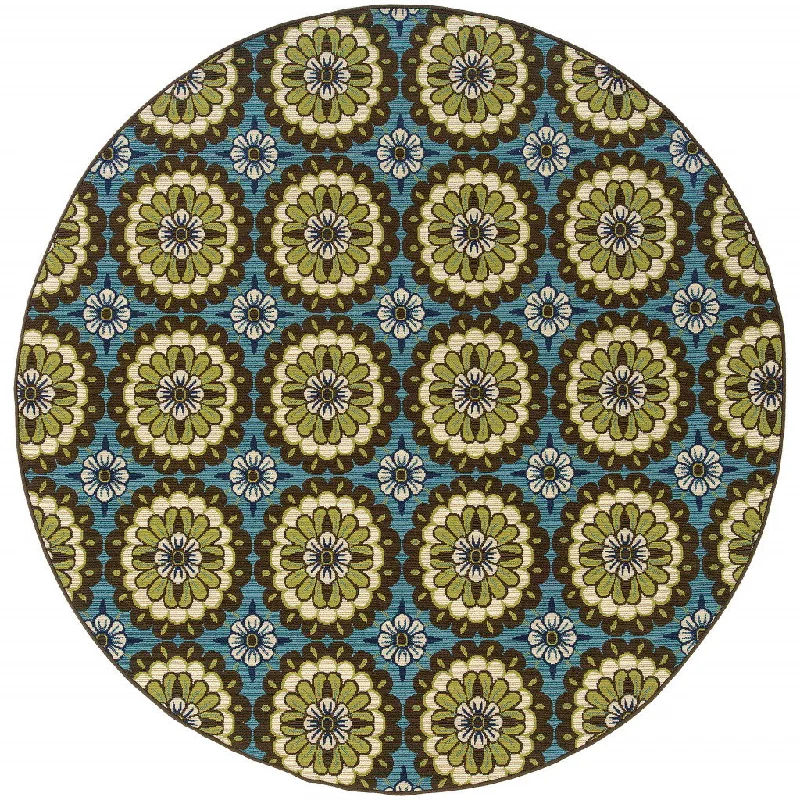 8' X 8' Round Floral Stain Resistant Indoor / Outdoor Area Rug - Blue / Green