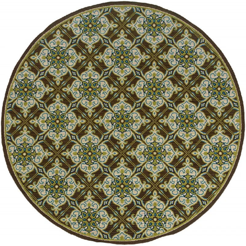 8' X 8' Round Floral Stain Resistant Indoor / Outdoor Area Rug - Brown / Ivory