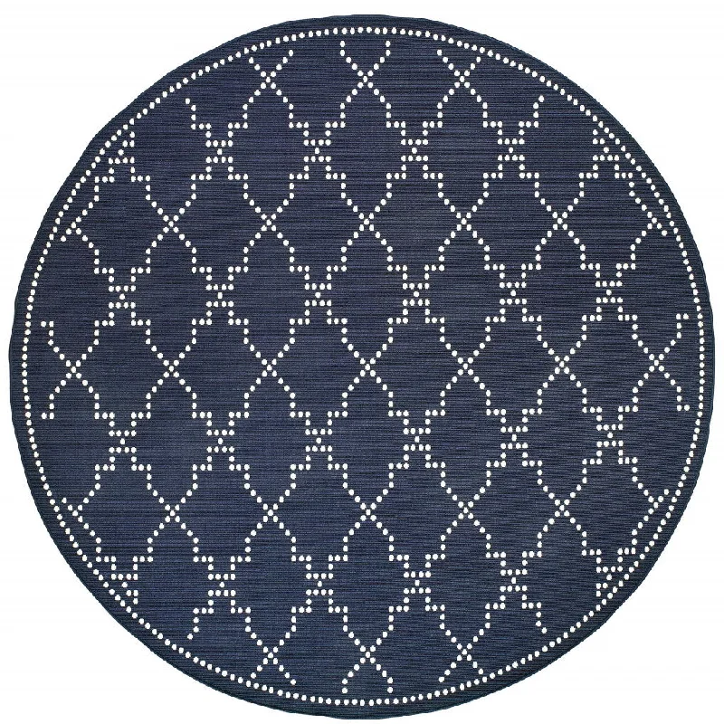 8' X 8' Round Geometric Stain Resistant Area Rug Indoor / Outdoor - Ivory / Blue