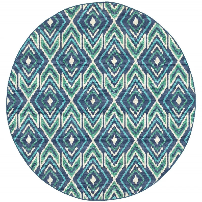 8' X 8' Round Geometric Stain Resistant Area Rug Indoor & Outdoor - Ivory / Blue