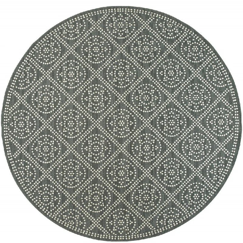 8' X 8' Round Geometric Stain Resistant Area Rug Indoor / Outdoor - Ivory / Gray