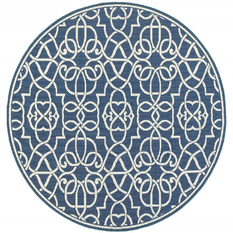 8' X 8' Round Geometric Stain Resistant Area Rug Outdoor & Indoor - Ivory / Blue