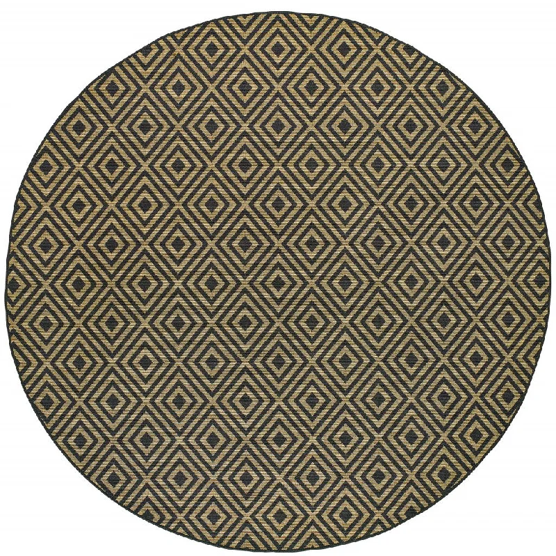 8' X 8' Round Geometric Stain Resistant Indoor / Outdoor Area Rug - Black / Tan