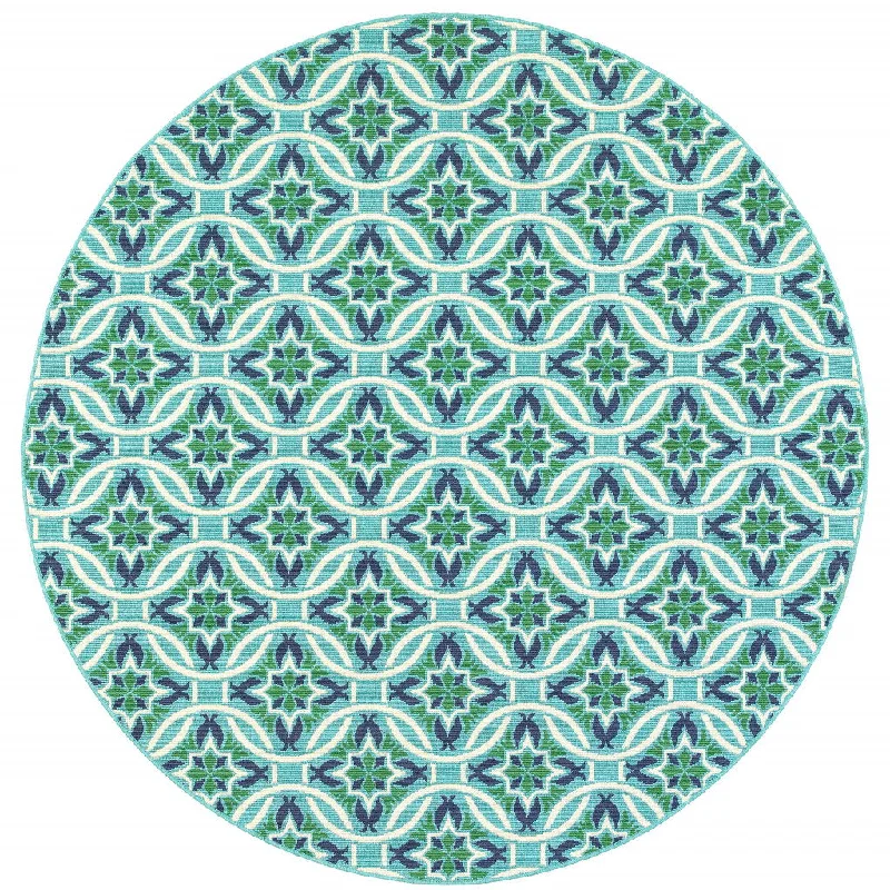 8' X 8' Round Geometric Stain Resistant Indoor & Outdoor Area Rug - Blue / Green