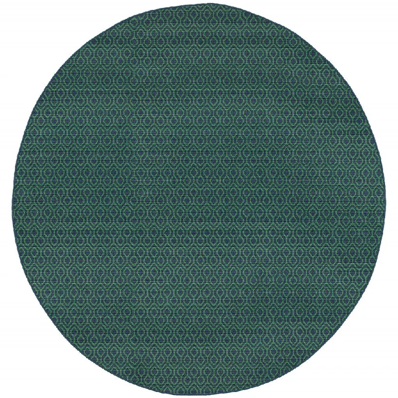 8' X 8' Round Geometric Stain Resistant Indoor & Outdoor Area Rug - Green / Blue