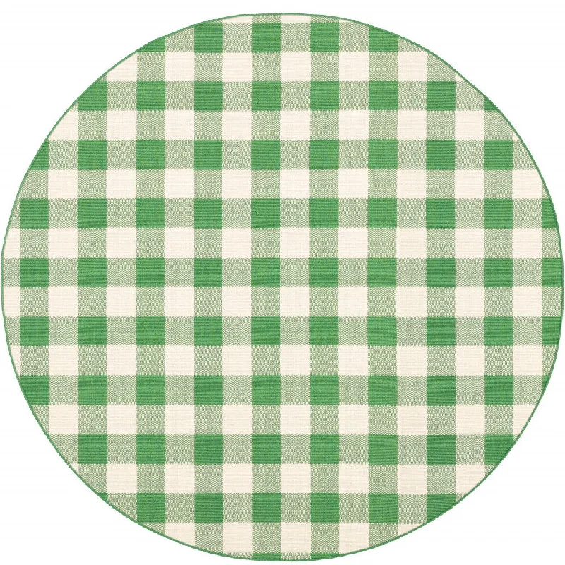 8' X 8' Round Geometric Stain Resistant Indoor & Outdoor Area Rug - Green / Ivory