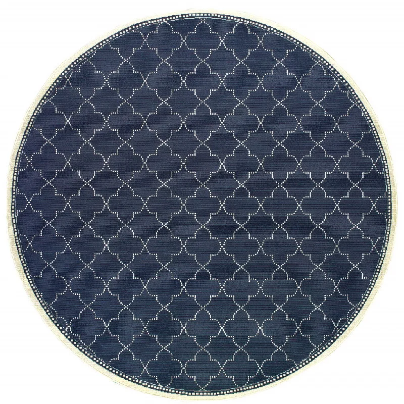 8' X 8' Round Geometric Stain Resistant Indoor & Outdoor Area Rug - Ivory / Blue