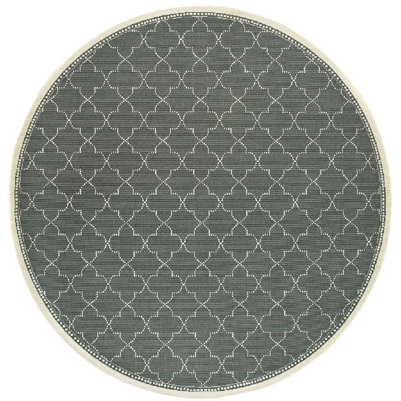 8' X 8' Round Geometric Stain Resistant Indoor & Outdoor Area Rug - Ivory / Gray