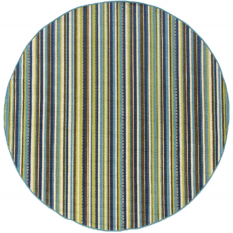 8' X 8' Round Striped Stain Resistant Indoor / Outdoor Area Rug - Blue / Green