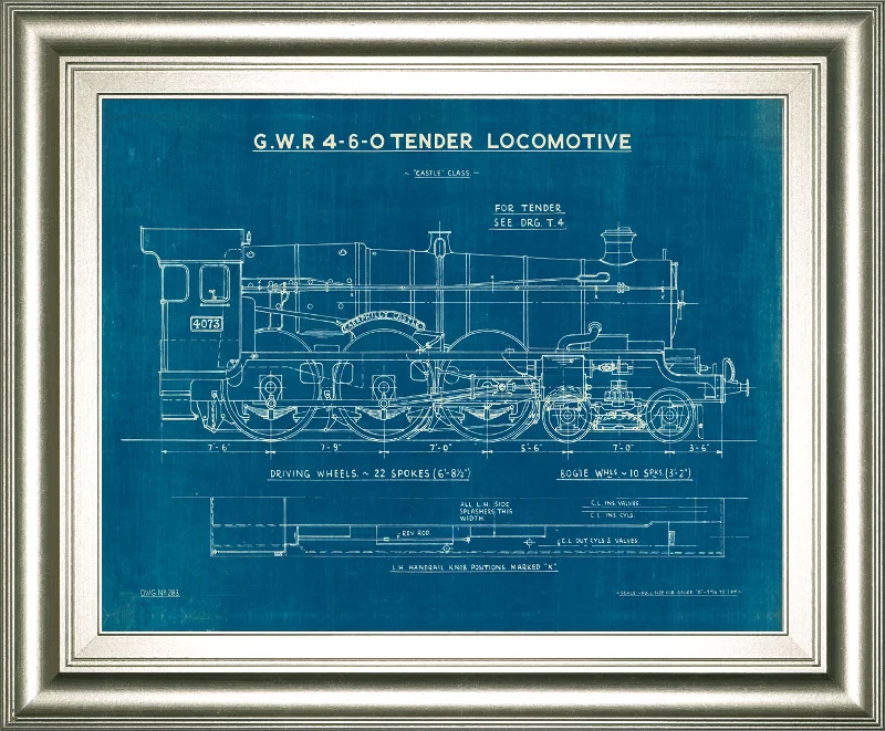 Locomotive Blueprint I By Wild Apple Portfolio - Framed Print Wall Art - Blue