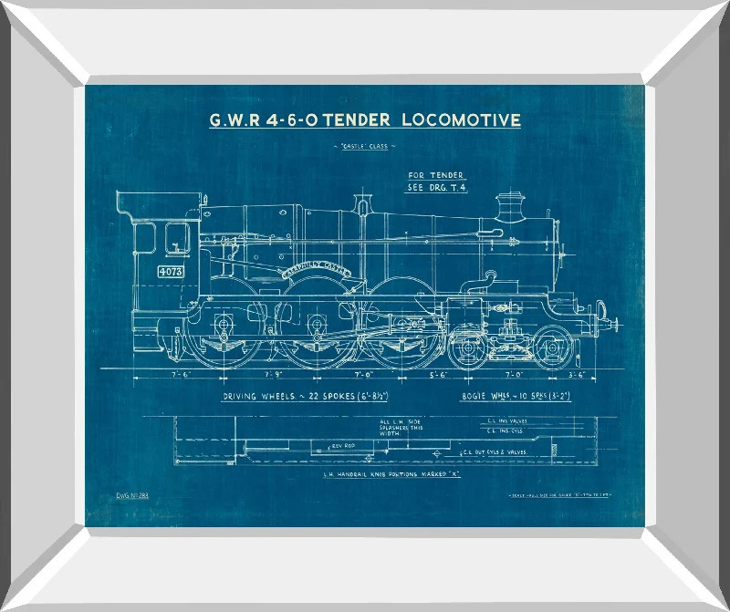 Locomotive Blueprint I By Wild Apple Portfolio - Mirror Framed Print Wall Art - Blue