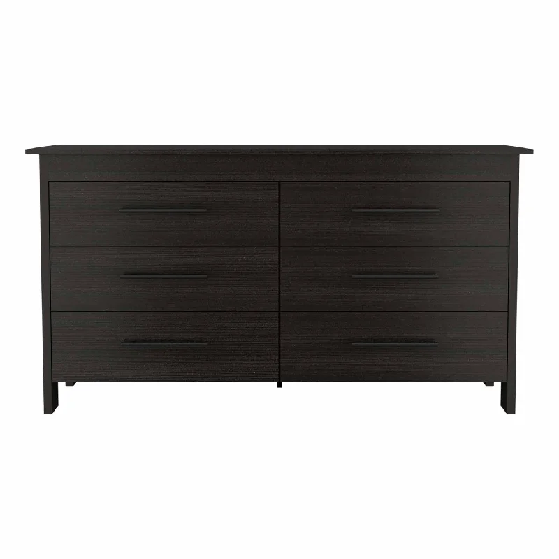 Six Drawer Wooden Double Dresser - Black