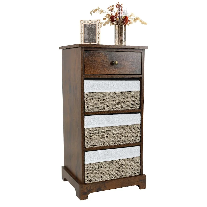 Storage Dresser with MDF Top Rustic Storage Drawer, Storage Nightstand Side Table with 3 Natural Weaving Removable Baskets,